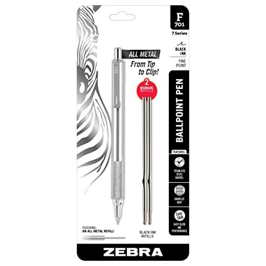 Zebra F-701 Metallstift, 0,8 mm feine Spitze, einziehbarer Edelstahl-Kugelschreiber, 1 schwarzer Stift mit 2 Ersatzminen