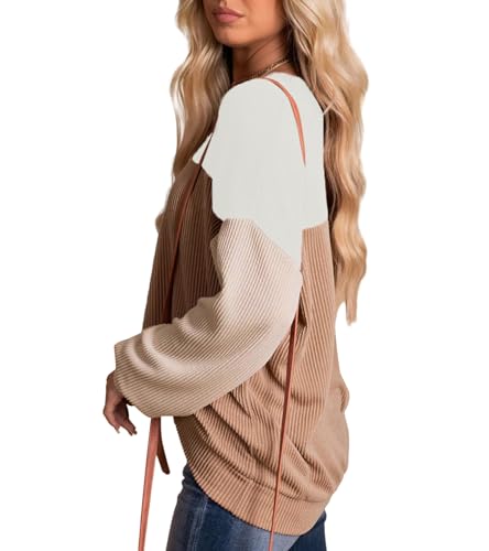 Image of ETOSELL Womens Fashion 2024 Fall Long Sleeve Color Block Crewneck Knitted Ribbed Tops Casual Comfy Loose Blouse Pullover