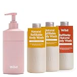 Wild Natural Refillable Body Wash Starter Kit - Rose Pink Aluminium Case & 3 Pack of Shower Gel Refills in a Variety of Scents - Includes Honey & Almond, Amber & Oud and Santorini Sunset Scents