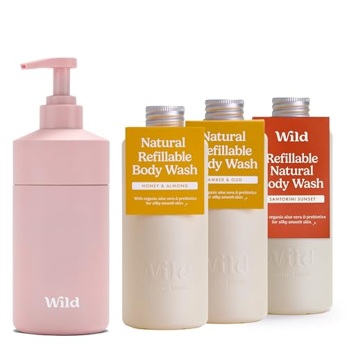 Wild Natural Refillable Body Wash Starter Kit - Rose Pink Aluminium Case & 3 Pack of Shower Gel Refills in a Variety of Scents - Includes Honey & Almond, Amber & Oud and Santorini Sunset Scents