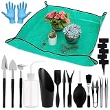 20pcs Small Gardening Tools Gifts for Women Beginners - Garden Hand Tools Set for Indoor Succulent Bonsai Plants Transplanting, Included 39.4' Plant Repotting Mat/Miniature Shovel/Labels, Green