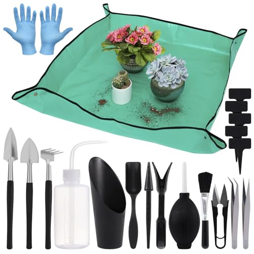 20pcs Small Gardening Tools Gifts for Women Beginners - Garden Hand Tools Set for Indoor Succulent Bonsai Plants Transplanting, Included 39.4" Plant Repotting Mat/Miniature Shovel/Labels, Green
