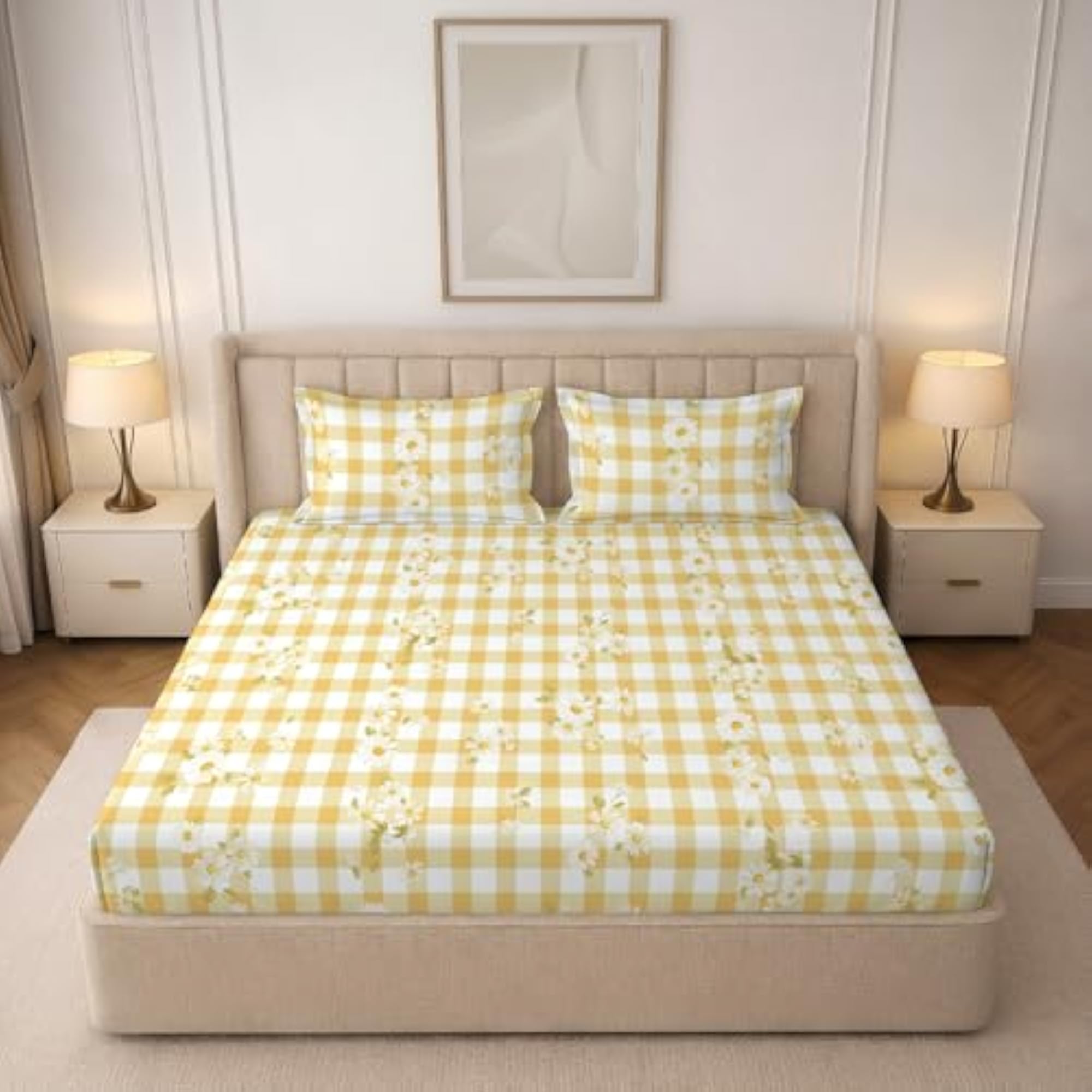 Cotton Double Bedsheet with Yellow Flowers Check, Soft & Durable