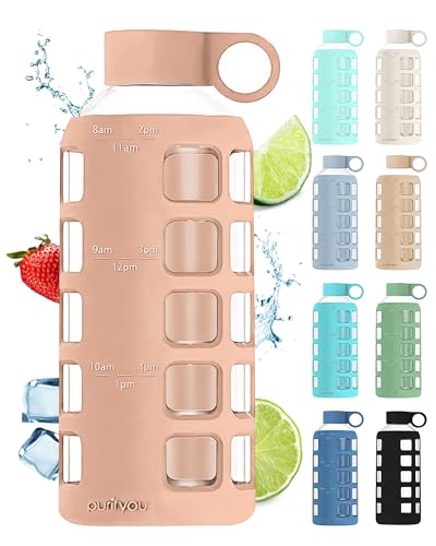 purifyou 40oz / 32oz / 22oz / 12oz Borosilicate Glass Water Bottle with Time & Volume Markers, Silicone Sleeve, Stainless Steel Lid | Reusable Glass Bottle for Water & Juice (22oz Hazelnut)