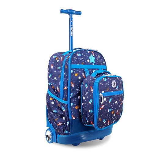 Image of J World Duo Kids Rolling Backpack With Lunch Box Set. School Bookbag on Wheels, Spaceship