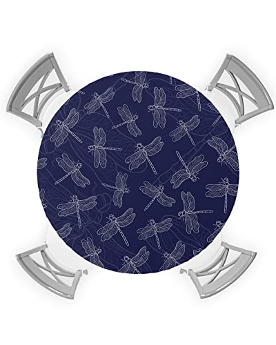 Navy Blue Dragonfly Round Tablecloth, Fitted Table Cover With Elastic For 45"-54" Round Tables, Modern White Lines Abstract Art Table Cloth Outdoor Indoor Dinning Party Waterproof Tablecloths #TOP28