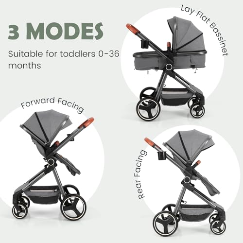 Image of INFANS 2 in 1 Baby Stroller, Foldable High Landscape Shock Absorption with Reversible Seat, Newborn Convertible Stroller Bassinet for Infant Aluminum Structure for Toddler Pushchair 0-36 Month