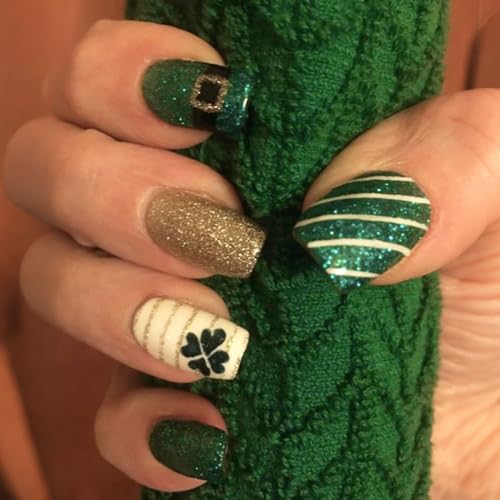 24Pcs St Patricks Day Press on Nails Square Shaped Artificial Acrylic Fake Nails Four-Leaf Clover...
