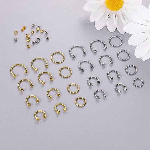 24Pcs 18G 16G Stainless Steel Septum Nose Rings Horseshoe Nose Hoops for Men Women Lip Ring Cartilage Tragus Helix Daith Earrings Septum Piercing Jewelry Replacement Balls Spikes2