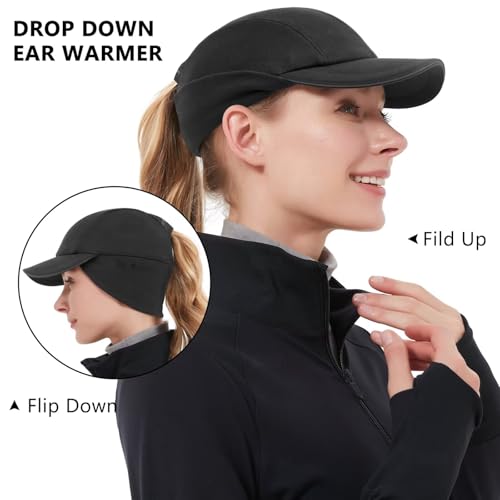 GADIEMKENSD Winter Fleece Hats Reflective Ponytail Hat for Women Baseball Caps with Earflap Drop Down Ear Warmer Mens Skull Cap Beanie with Visor Cold Hat for Outdoor Snow Ski Hiking Running Black