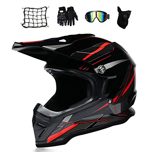 MRDEAR Crosshelm Schwarz, Motorrad Enduro Helm, Motocross Helm Set, Brille/ Handschuhe/ Maske/ Motorrad Netz, Off Road Helm Mopedhelm Motorradhelm ATV Downhill MTB, 2 Farben,Rot,S