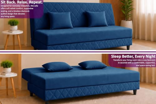 Image of Deco Studio 3 Seater Sofa Bed | Premium Upholstered Velvet Fabric Folding Couch for Living Room, Guest Room & Bedroom | Quilted Backrest with 2 Cushions (Blue)