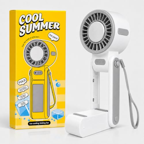Image of One94Store Ice Cooling Folding Fan, 1800mAh Rechargeable Mini Fan, 5-Speed Portable Personal Fan with Phone Holder, USB Type-C Charging, Foldable Adjustable Design, Lanyard Included, White