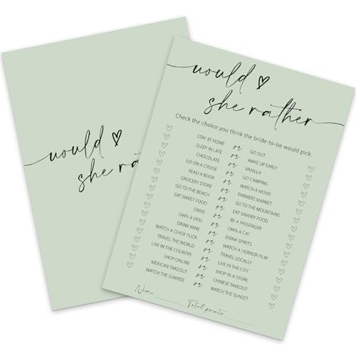 Whaline 50 Sheets Sage Green Bridal Shower Game Cards Greenery Double Sided Party Game Activity Cards for Would She Rather Wedding Bridal Shower Bachelorette Party Games Supplies