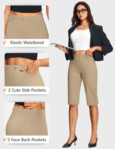 Image of ISEEGZ 14'' /18 inch Capri Pants for Women Dressy Stretch Pull On Womens Capris with Pockets Petite Summer Office Work Casual