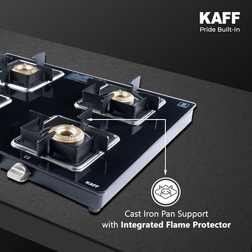 Image of KAFF 4 Burner Gas Stove | 63 cm Toughened Glass Cooktop | High Efficiency Brass Burners | Cast Iron Pan Support | Stainless Steel Drip Tray | Metal Knobs | Black | CTJ634B
