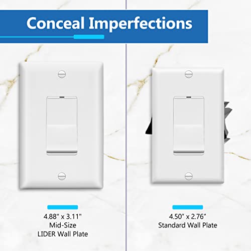 Lider Matte Finish Decorator Switch Cover, Decorator Receptacle Wall Plate, Mid-Size 1-Gang 4.88" X 3.11", Unbreakable Polycarbonate Thermoplastic, Ul Listed, Lwp-31M-W, White #TOP3