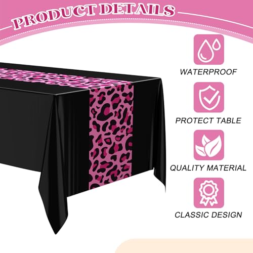 Image of Buryeah Leopard Print Tablecloth 54 x 108'' Leopard Plastic Table Cover Disposable Safari Animal Cheetah Print Party Decorations for Baby Shower Wedding Birthday Party Favors (Pink Black,3 Pcs)
