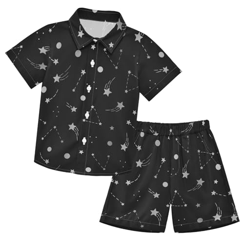 Image of Boys Short Sets Hawaiian Outfits Nigh Sky Star Line for Kids, Summer Beach Button Down Shirt and Short 2 Piece Sets with Pockets Size 5-6Y