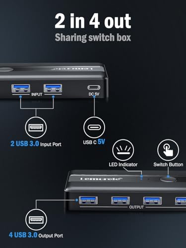 Image of Lemorele USB 3.0 Sharing Switch, 2 Computers Share 4 USB Ports Peripheral Adapter for PC, Printer, Scanner, Mouse, Keyboard - One-Click Switch with 2 USB-A Cables Included