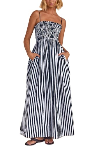 Image of KMBANGI Women Striped Sleeveless Maxi Dress Swing Patchwork Midi Dress Smocked Spaghetti Strap Colorful Long Sundress