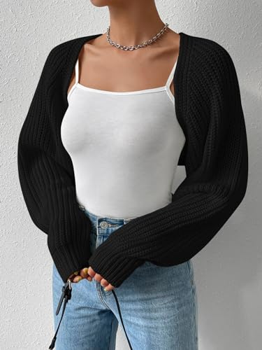 LOFAAC Women Open Front Long Sleeve Crop Cardigan Sweater Casual Solid Drop Shoulder Knitted Bolero Shrug Crop Cardigan3