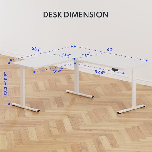 Image of FLEXISPOT L Shaped Standing Desk, 63 x 55 Inch Electric Height Adjustable Corner Desk, Sit Stand Computer Workstation, Preset Controller, Home Office, White Frame with White Top
