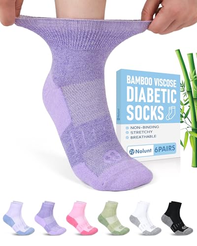 NOLUNT Womens Diabetic Socks 6 Pairs Wide Bamboo Viscose Non Binding Socks for Women Men Size 9-11 10-13(Light Purple+Purple+Pink+Black+White+Green-Medium)