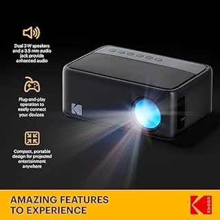 KODAK FLIK X1 Mini Pico Projector | Portable Compact 100” Projector with Remote Control & 2W Speakers Plays Movies, TV Shows & Games | Compatible with HDMI, USB, AV, Smartphone, Firestick Black