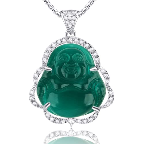 Image of ASGIFT Laughing Buddha Necklace Cubic Zirconia Green Jade Buddha Pendant with 18K Gold Plated Chain Lucky Buddha Necklace Jewelry Gift