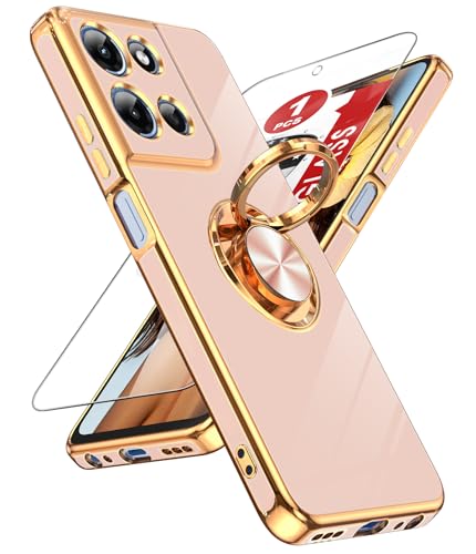 Coque Moto G 5G 2025 rose plaqué or avec anneau rotatif et verre trempé