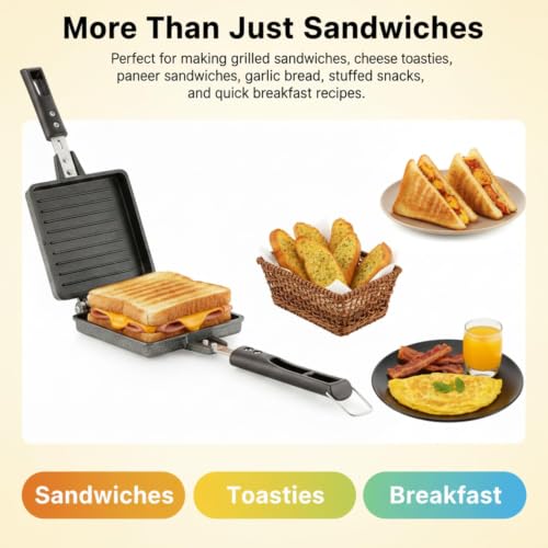 Image of Double Sided Sandwich Grill Pan | Non-Stick Toast Maker Aluminium Stovetop Toaster Gas Stove Flip for Bread Snacks Heat Resistant Handle Black (Jumbo Grill Toaster)