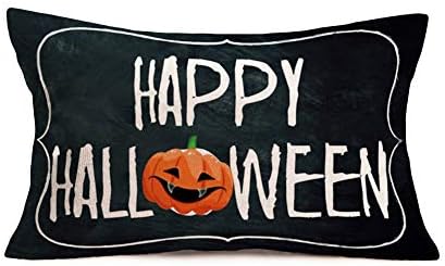 Easternproject Happy Halloween Pillow Covers 12x20 Inch Ghost Pumpkin Halloween Decorative Throw Pillow Cases Black and White Quotes Home Decor Waist Lumbar Pillow Shams for Sofa Couch, Cotton Linen