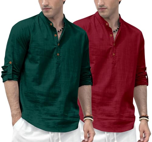 Image of Zombom Men's Combo Cotton Polyester Blend Solid Full Sleeve Straight Regular Fit Mandarin /Chinese Collor Kurta (Pack of 2)