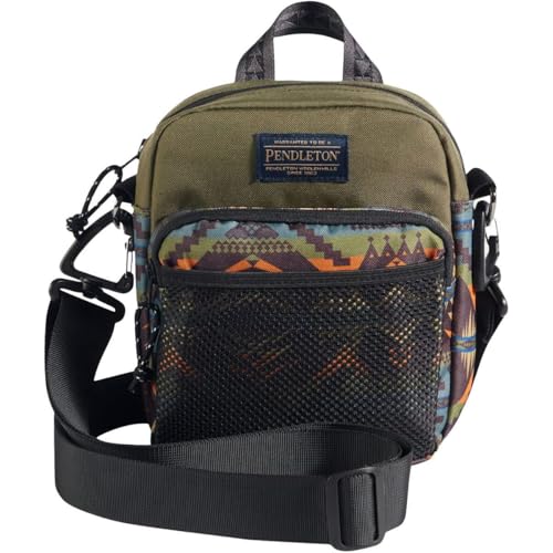 Pendleton Crossbody Bag, Black with Southwestern Pattern, Recycled Polyester, 7x9x4 Inches, Mesh Pocket, Adjustable Strap