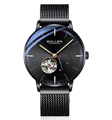 Montre squelette automatique SOLLEN pour homme en acier noir étanche
