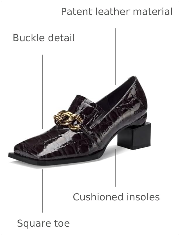 Image of Loafers for Women Patent Leather Buckle Square Toe Chunky Block Dress Slip On Wide Casual Comfortable Dressy High Heels Ladies Comfort Moccasins Elegantes 2 Inch Shoes