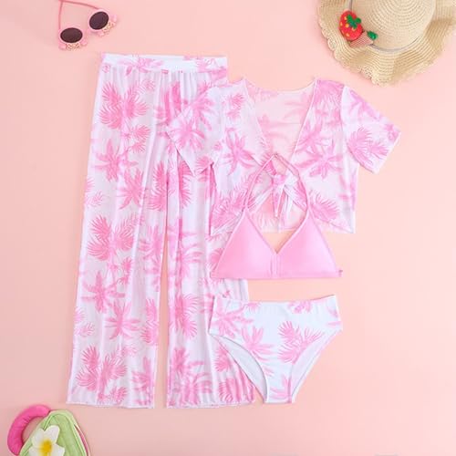 Hotfiary Girls 4 Piece Swimsuits Tropical Print Halter Bikini Set with Kimono & Cover Up Pants Bathing Suit Hawaiian Swimwear2