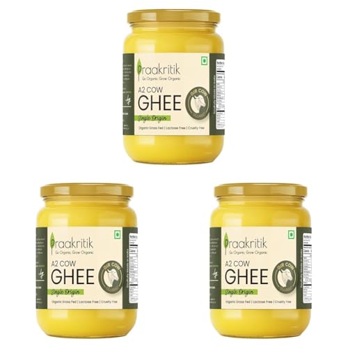 Image of Praakritik A2 Gir Cow Ghee 1L, 100% Natural A2 Cow Ghee Prepared by Traditional Bilona Method - Vedic Cultured, Grassfed, GMO-Free, Lactose-Free, Vegetarian - 1 Litre (Pack of 3)