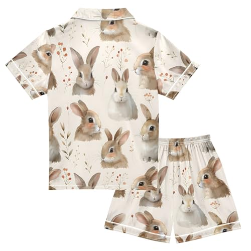 ALAZA Lovely Rabbit Watercolor Leaves Pajamas Satin Pajama Set Short Sleeve Button Down Sleepwear2