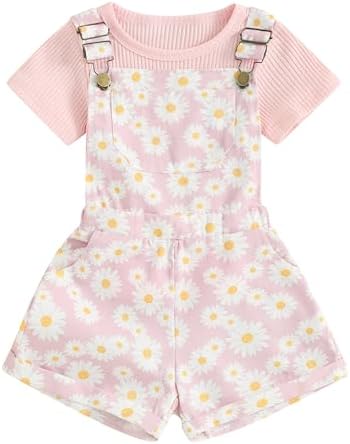 Toddler Baby Girl Overalls Romper Outfit Kids Ruffle Sleeve Tops T-Shirt + Floral Suspender Pocket Shorts Clothes Set