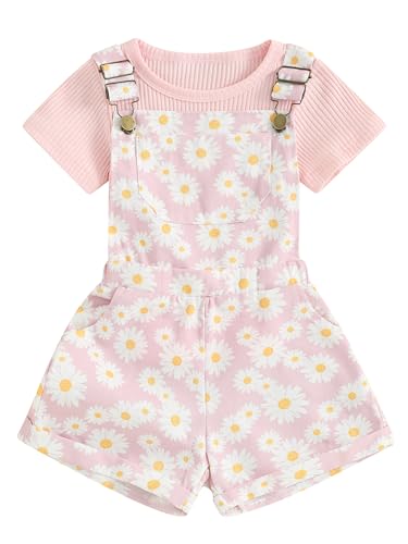 Toddler Baby Girl Overalls Romper Outfit Kids Ruffle Sleeve Tops T-Shirt + Floral Suspender Pocket Shorts Clothes Set