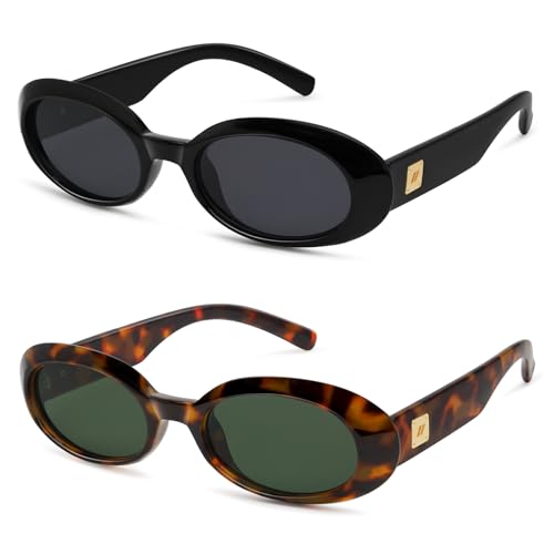 Retro Oval Sunglasses for Women Men Trendy Small 90s Style Vintage Skinny Narrow Frame 2-Pack