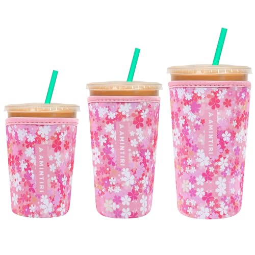 Image of 3 Pack Reusable Sleeve for Iced Coffee Cup, Coffee Neoprene Sleeve for Iced&Hot Drinks, Coffee Sleeve Compatible with Starbucks, Dunkin Coffee Cup. (Blooms Blushing)
