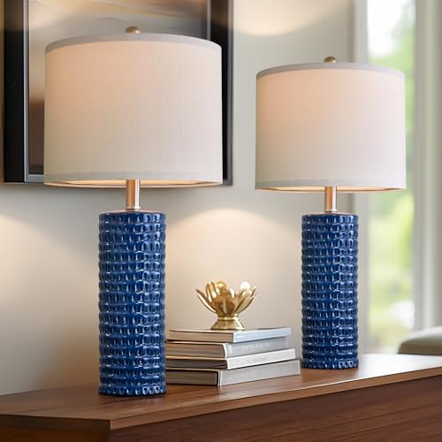 PORTRES 24.75" Modern Accent Ceramic Table Lamp Set of 2 for Bedroom Desk Decor Bedside Lamps for Living Room Study Room Office Dorm Farmhouse Nightstand Lamp End Table Lamps (Blue) - Image 3