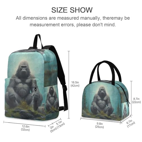 Backpack Lunch Box Set Large Capacity Travel Backpacks and Insulated Lunch Bag for Commute Hiking Picnic Meditation Gorilla Print2