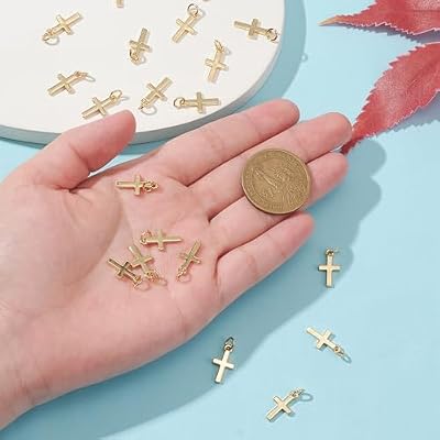 KitBeads 10pcs 18K Real Gold Plated Cross Charms Brass Jesus Dangle Charm Mini Christ Crucifix Pendants for Jewelry Making Necklace Earrings Bulk