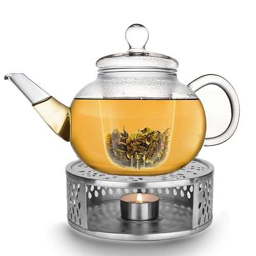 Creano Teekanne aus Glas 1,2l + ein Stövchen aus Edelstahl - Glasteekanne mit Glas-Sieb und Deckel - ideal zur Zubereitung von losen Tees - 100% tropffrei