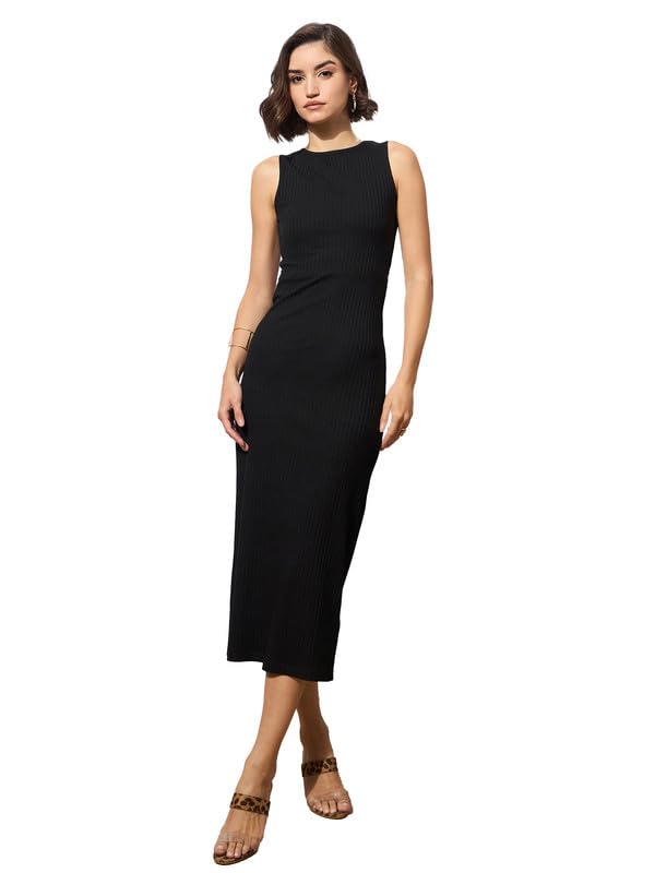 Image of barcino Black Rib Back Cut-Out Midi Dress