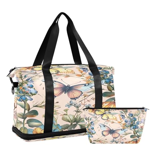 Vintage Watercolor Floral Gym Bag for Women Sport Travel Duffel Bag Shoulder Weekender Overnight Bags with Wet Pocket & Shoe Compartment